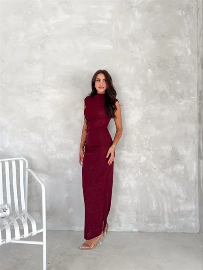Likralı Simli Kumaş Yandan Yırtmaçlı Uzun Elbise Şık Kolsuz Abiye - Bordo
