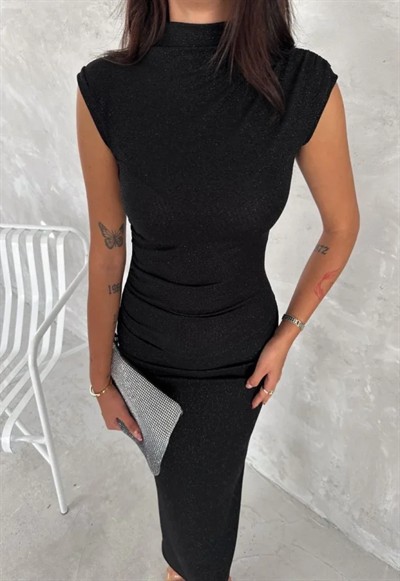 Likralı Simli Kumaş Yandan Yırtmaçlı Uzun Elbise Şık Kolsuz Abiye - Siyah