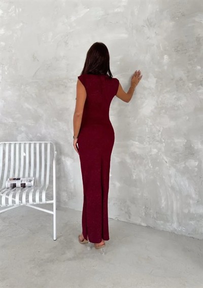 Likralı Simli Kumaş Yandan Yırtmaçlı Uzun Elbise Şık Kolsuz Abiye - Bordo