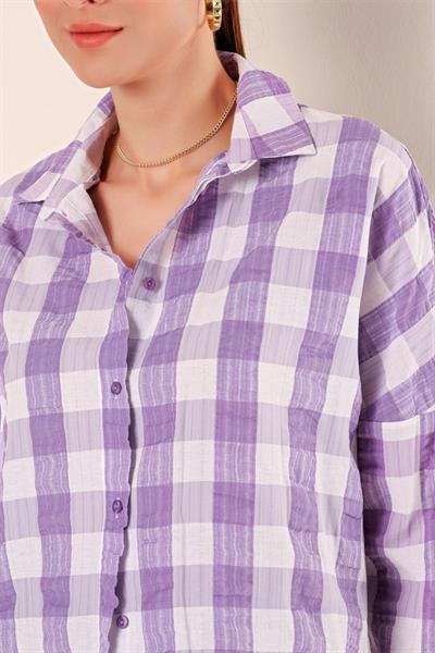 Lila Beyaz Kareli Desenli Oversize Uzun Basic Gömlek 3900