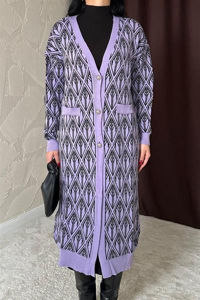 Lila Düğmeli Triko Hırka