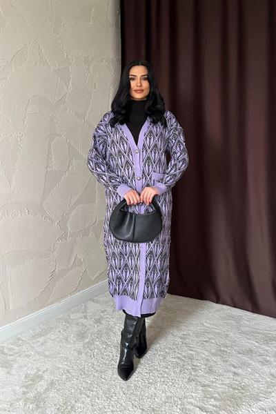 Lila Düğmeli Triko Hırka