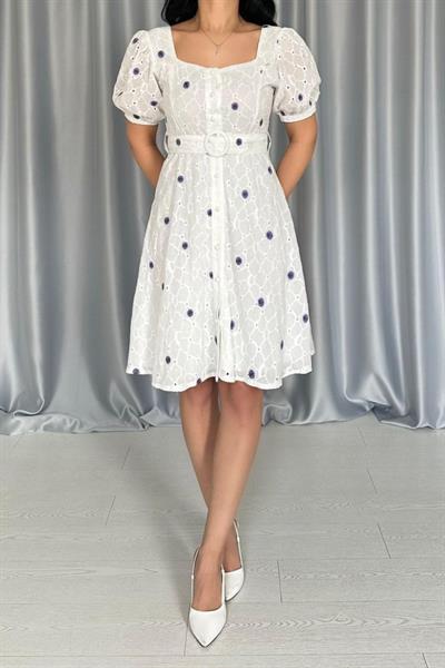 Lila Kemerli Kare Yaka Elbise