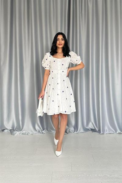 Lila Kemerli Kare Yaka Elbise