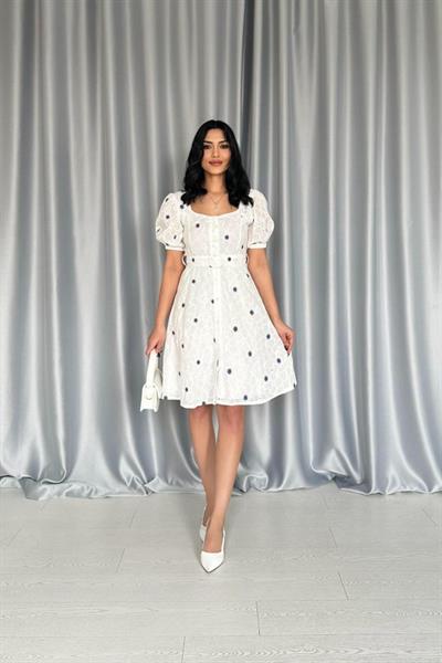 Lila Kemerli Kare Yaka Elbise