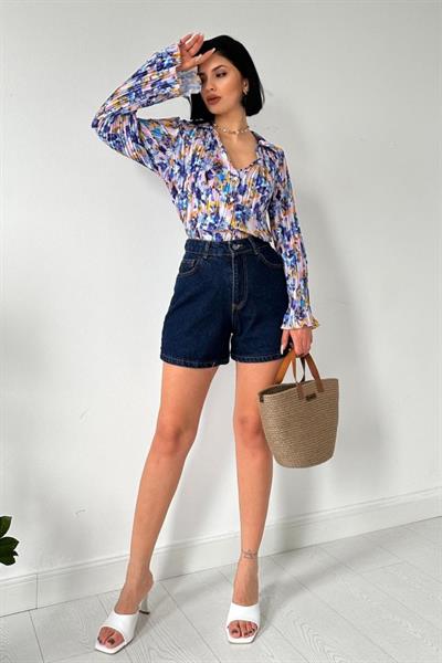 Lila Piliseli Çiçek Desen Gömlek