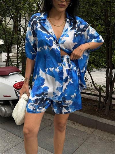 MAVİ DESENLİ SATEN ŞORT GÖMLEK TAKIM - Mavi