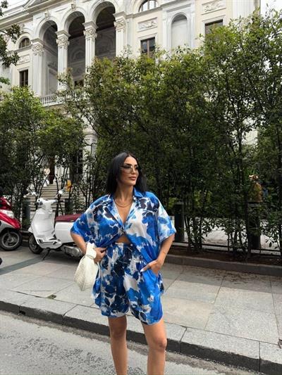 MAVİ DESENLİ SATEN ŞORT GÖMLEK TAKIM - Mavi