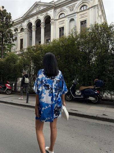 MAVİ DESENLİ SATEN ŞORT GÖMLEK TAKIM - Mavi