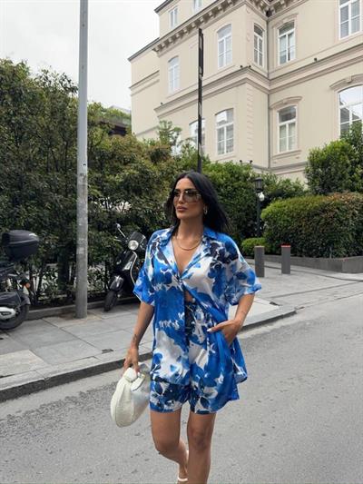 MAVİ DESENLİ SATEN ŞORT GÖMLEK TAKIM - Mavi