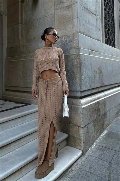 Macey Kroşe Crop Takım 9882