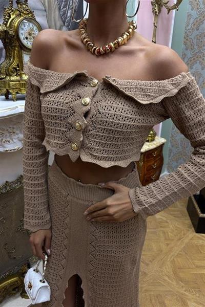 Madonna Yaka Derin Yırtmaç Etekli Şık Triko Takım 10099