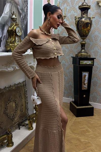 Madonna Yaka Derin Yırtmaç Etekli Şık Triko Takım 10099