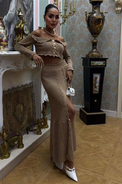 Madonna Yaka Derin Yırtmaç Etekli Şık Triko Takım 10099