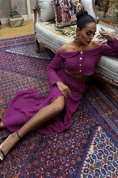 Madonna Yaka Derin Yırtmaç Etekli Şık Triko Takım 10099