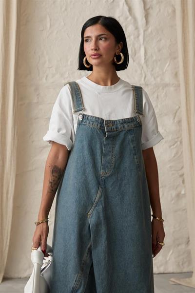 Mavi Askılı Düğmeli Kot Elbise