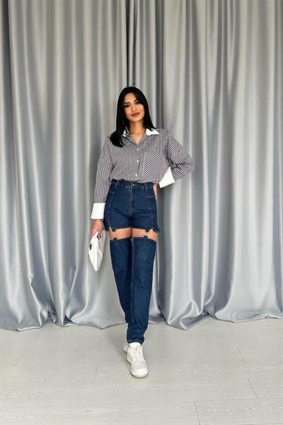 Mavi Askılı İki Parça Jeans Pantolon