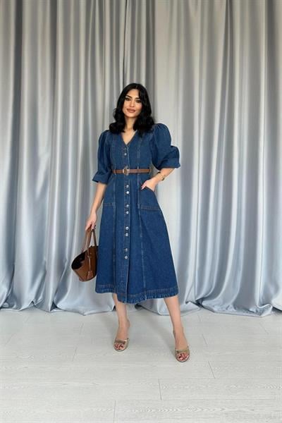 Mavi Balon Kol Kot Elbise