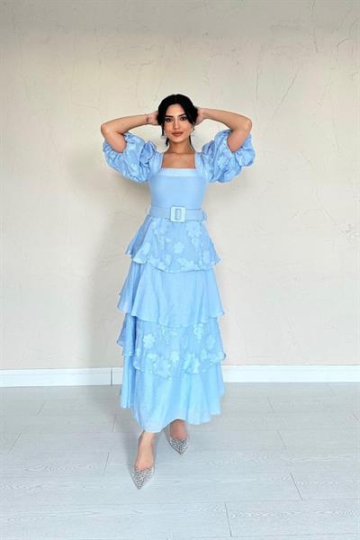 Mavi Balon Kollu Kat Kat Elbise