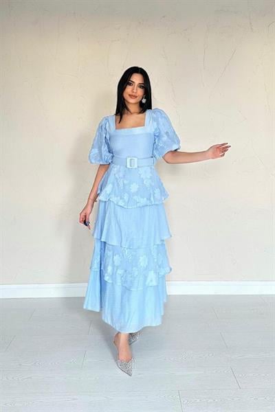 Mavi Balon Kollu Kat Kat Elbise