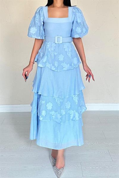 Mavi Balon Kollu Kat Kat Elbise