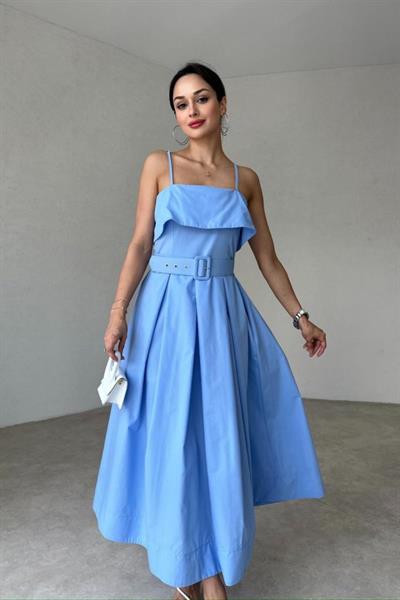 Mavi Beli Kemerli Pileli Elbise