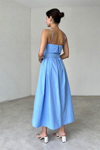 Mavi Beli Kemerli Pileli Elbise