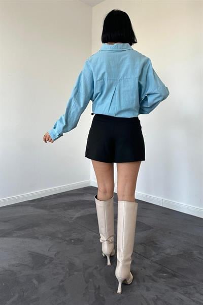 Mavi Boyamalı Keten Baskılı Taşlı Gömlek