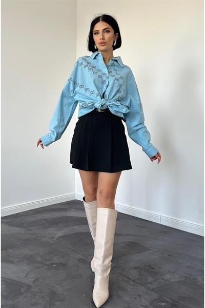 Mavi Boyamalı Keten Baskılı Taşlı Gömlek