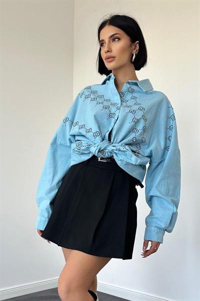 Mavi Boyamalı Keten Baskılı Taşlı Gömlek