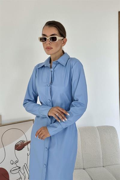 Mavi Boydan Düğmeli Deri Elbise