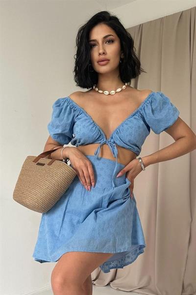 Mavi Brode Crop Ve Mini Etek Takım