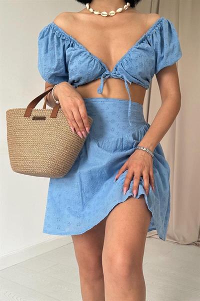 Mavi Brode Crop Ve Mini Etek Takım
