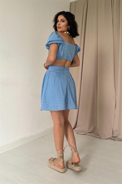 Mavi Brode Crop Ve Mini Etek Takım