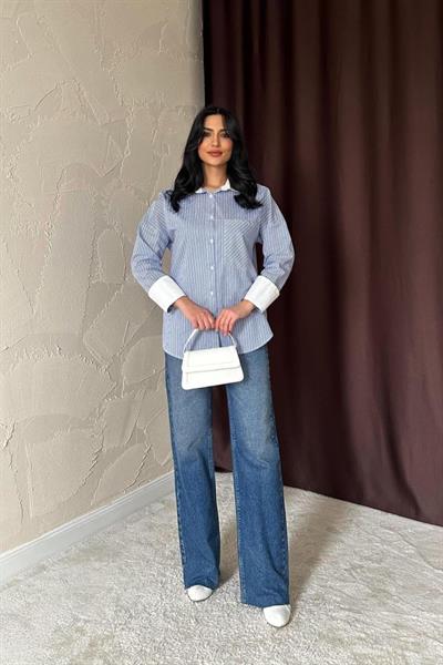 Mavi Çizgili Poplin Uzun Kol Gömlek