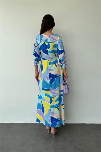 Mavi Desenli Yırtmaçlı Elbise