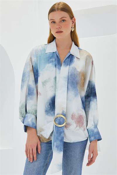 Mavi Ekru Oversize Dökümlü Saten Gömlek 907