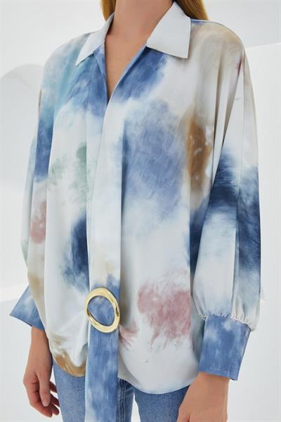 Mavi Ekru Oversize Dökümlü Saten Gömlek 907