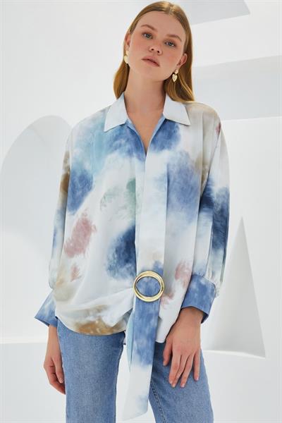 Mavi Ekru Oversize Dökümlü Saten Gömlek 907