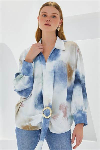 Mavi Ekru Oversize Dökümlü Saten Gömlek 907
