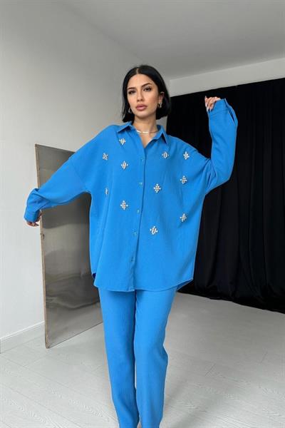 Mavi Gömleği Taşlı Fitilli Takım