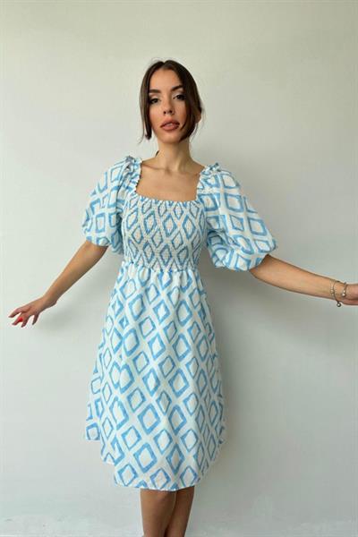 Mavi Kare Desenli Yazlık Elbise