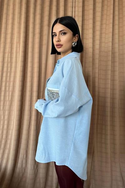 Mavi Keten Çift Cep Baskılı Gömlek