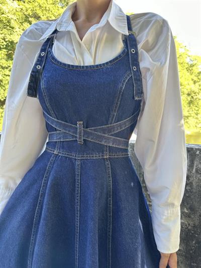 Mavi Midi Boy Bantlı Kot Elbise