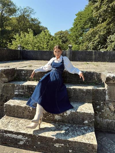 Mavi Midi Boy Bantlı Kot Elbise