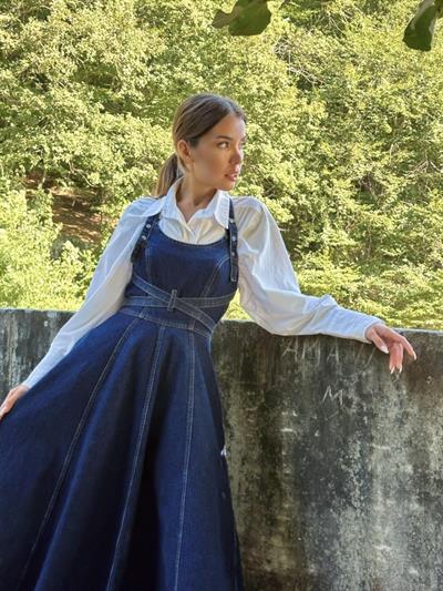 Mavi Midi Boy Bantlı Kot Elbise