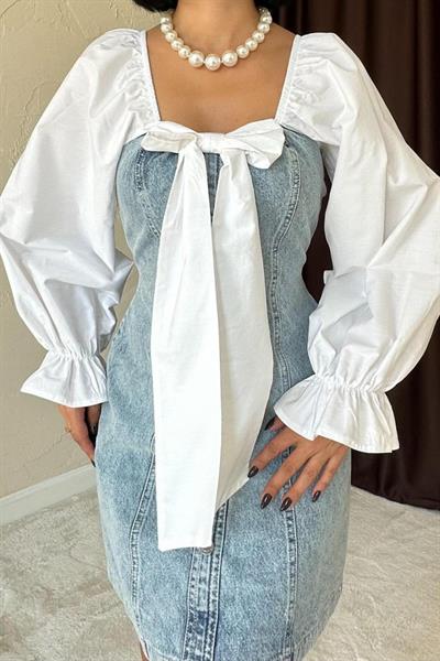 Mavi Önü Fiyoklu Kot Elbise