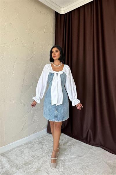 Mavi Önü Fiyoklu Kot Elbise