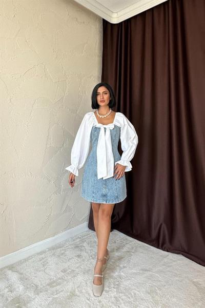 Mavi Önü Fiyoklu Kot Elbise