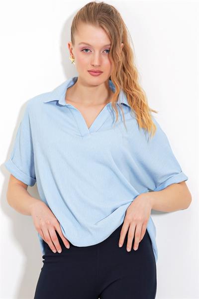 Mavi Oversize Polo Yaka Örme Bluz 0486